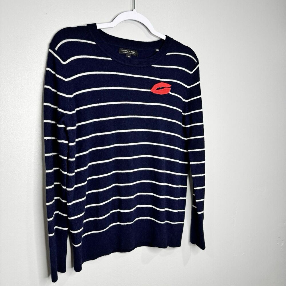 Banana Republic M Blue Italian Merino Blend Lipstick Embroidered Stripe Sweater